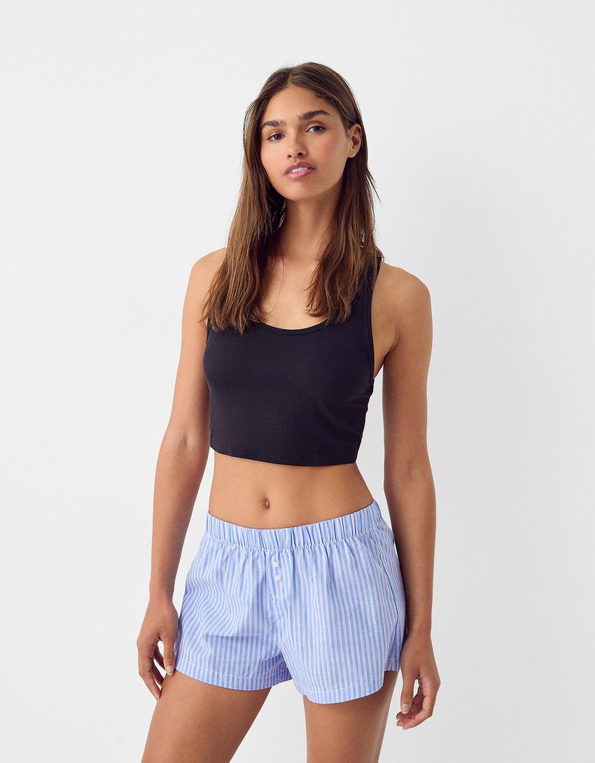 شورت برمودا بوبلين مخطط-أزرق مغسول من الخارج-1