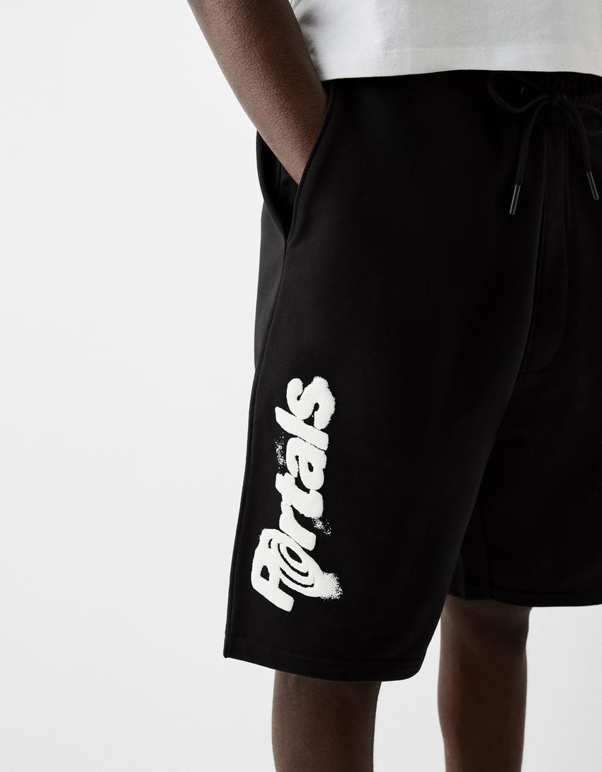 Relaxed fit plush printed Bermuda shorts-Black-6