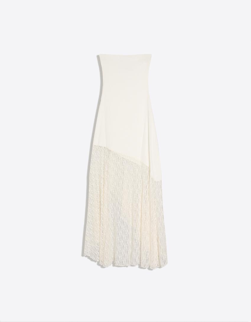 Robe midi rustique dentelle-Blanc cassé