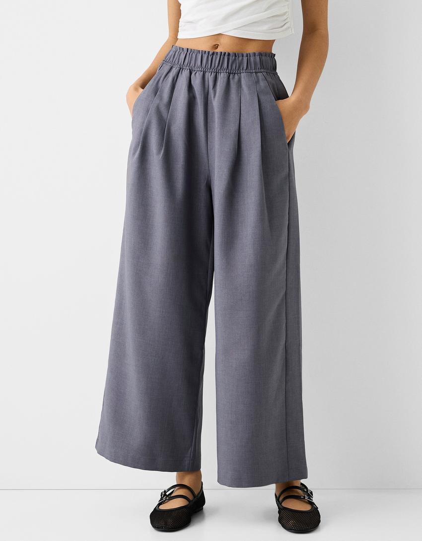 بنطال واسع وقصير رسمي بخصر مرن-رمادي داكن-1