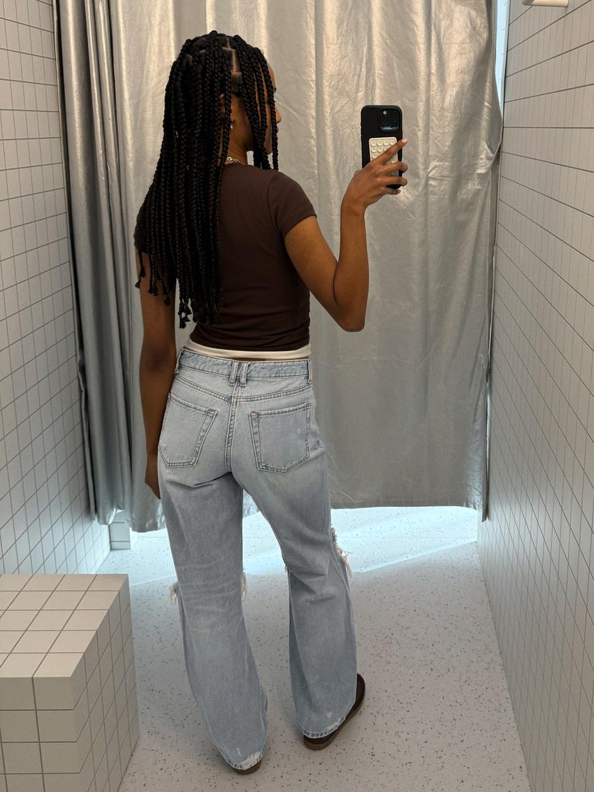 Jeans a gamba larga vita alta strappati-Azzurro Chiaro