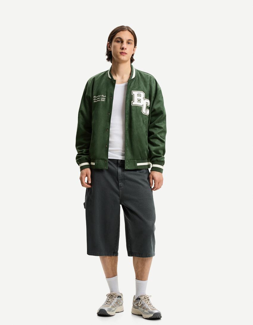 Cazadora varsity efecto suede-Verde