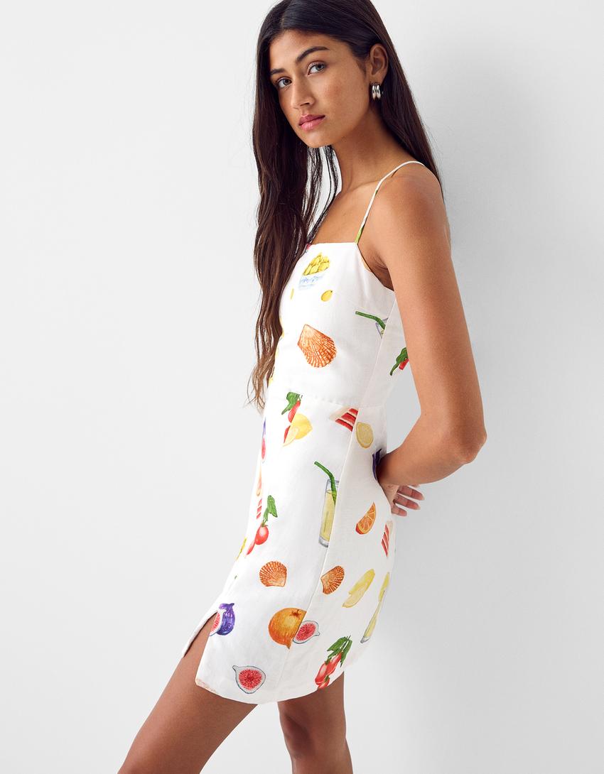 فستان قصير مطبوع من مزيج كتان-بيج-3