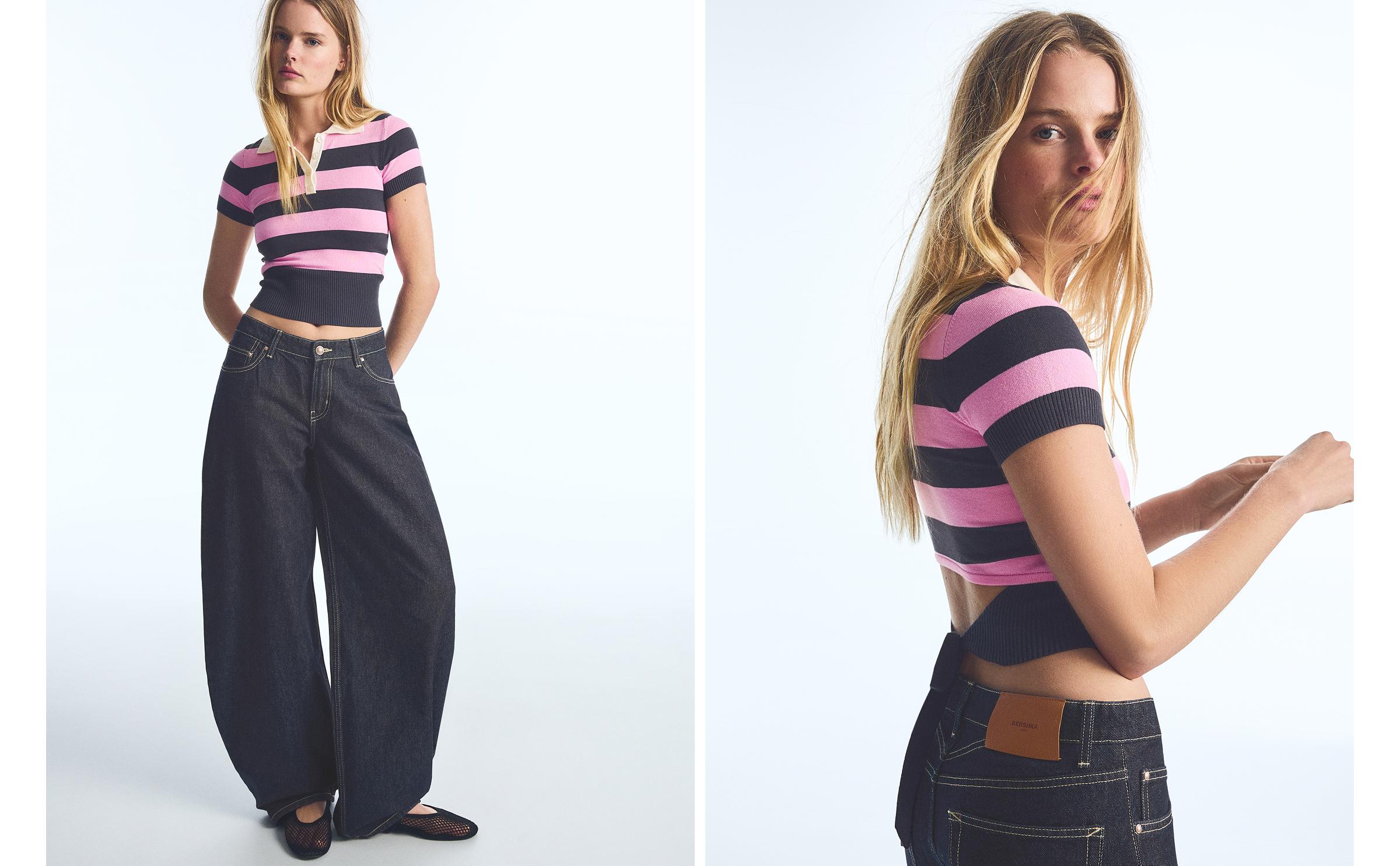 Short-sleeved stripe knit jumper — Pink