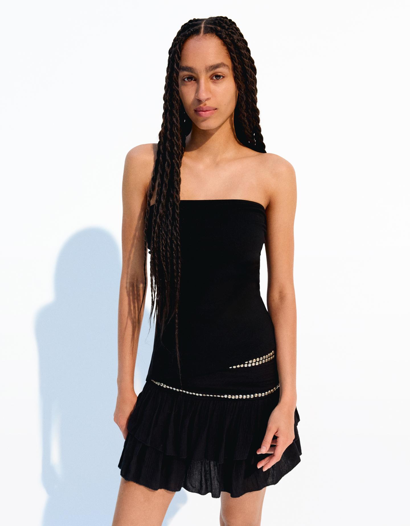 Bershka top bez ramiączek z ozdobnym marszczeniem czarny