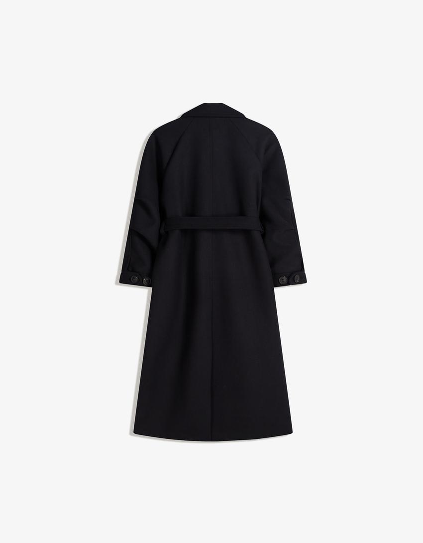 Oversize wool blend coat with belt-Navy