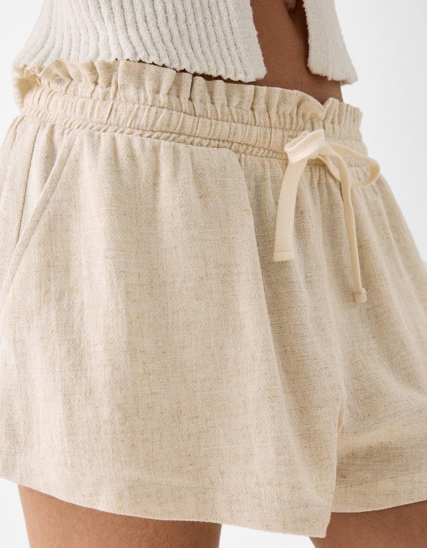 Shorts with elasticated waistband and tie-Cream-2