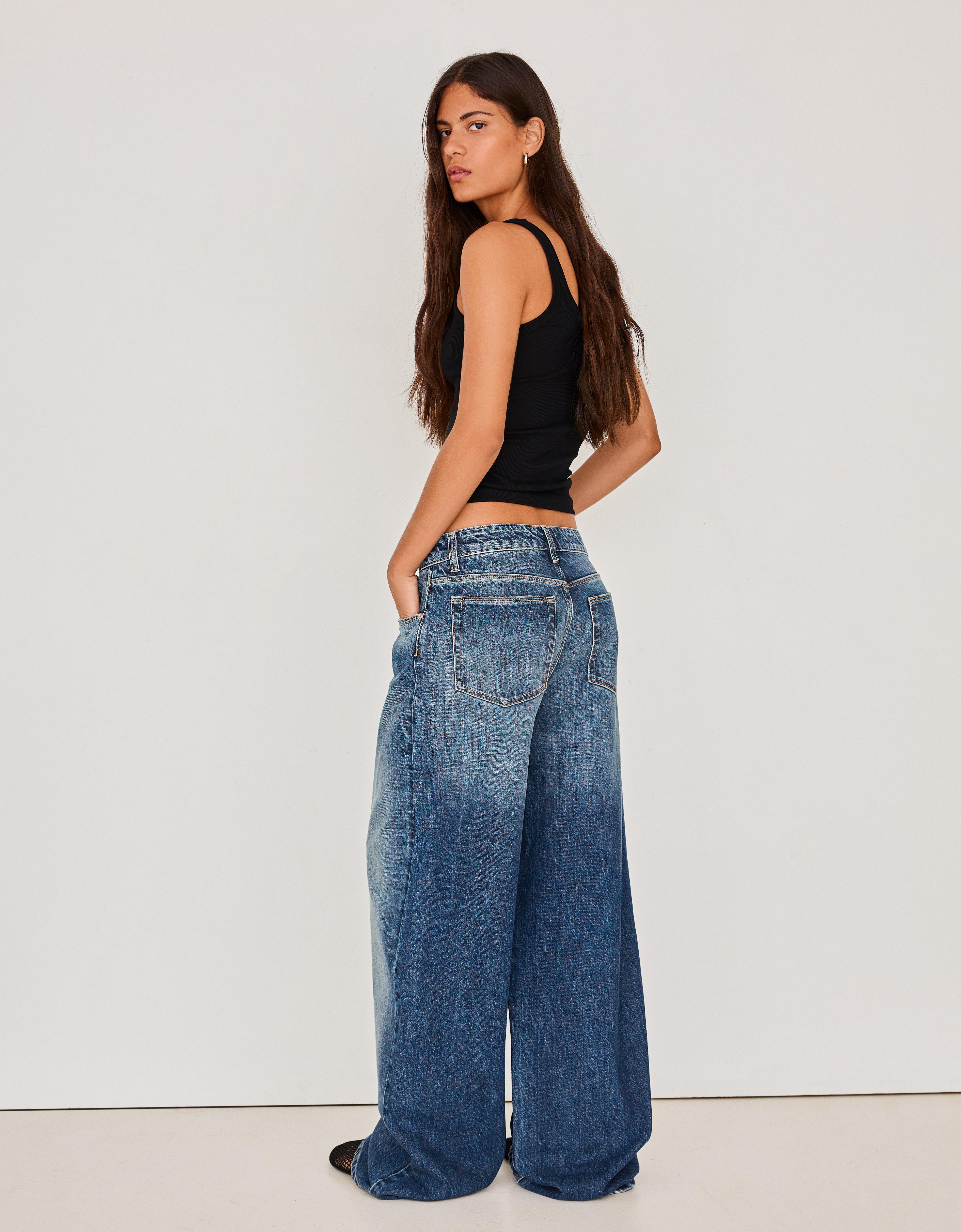 Vintage wash wide-leg high-waist jeans — Blue