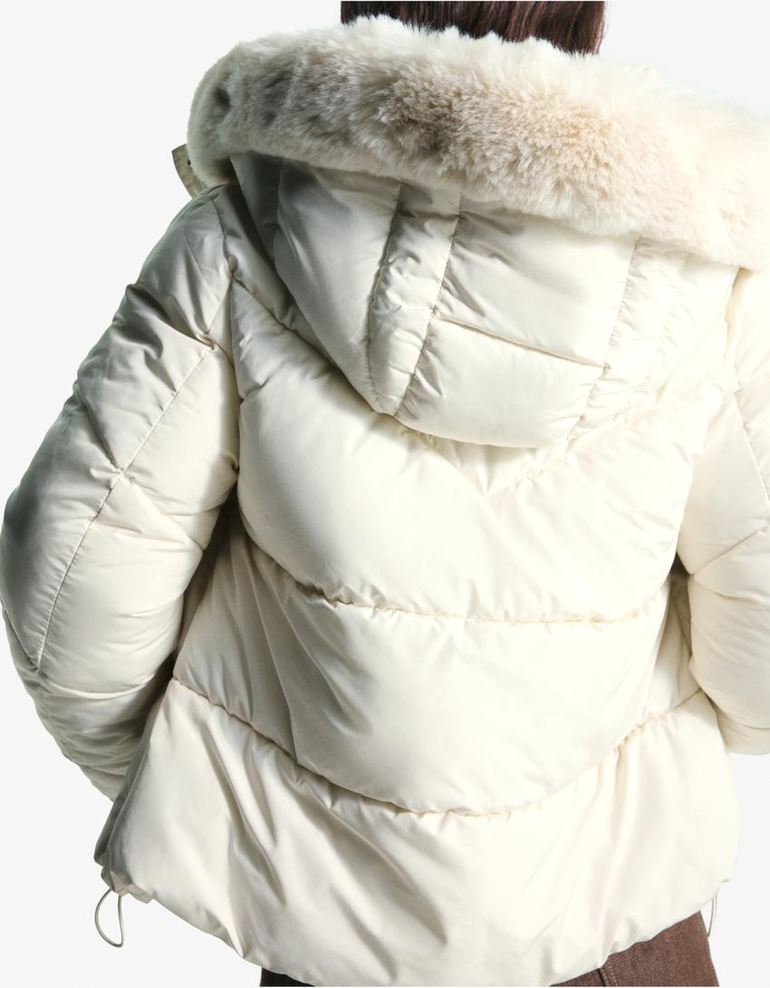 Puffer jacket with faux fur hood-Sand-1