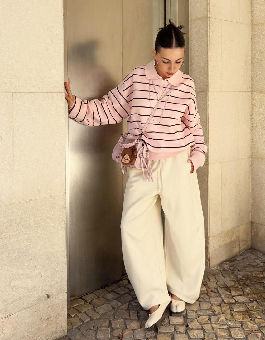 Pantaloni flaușați barrel-Ecru