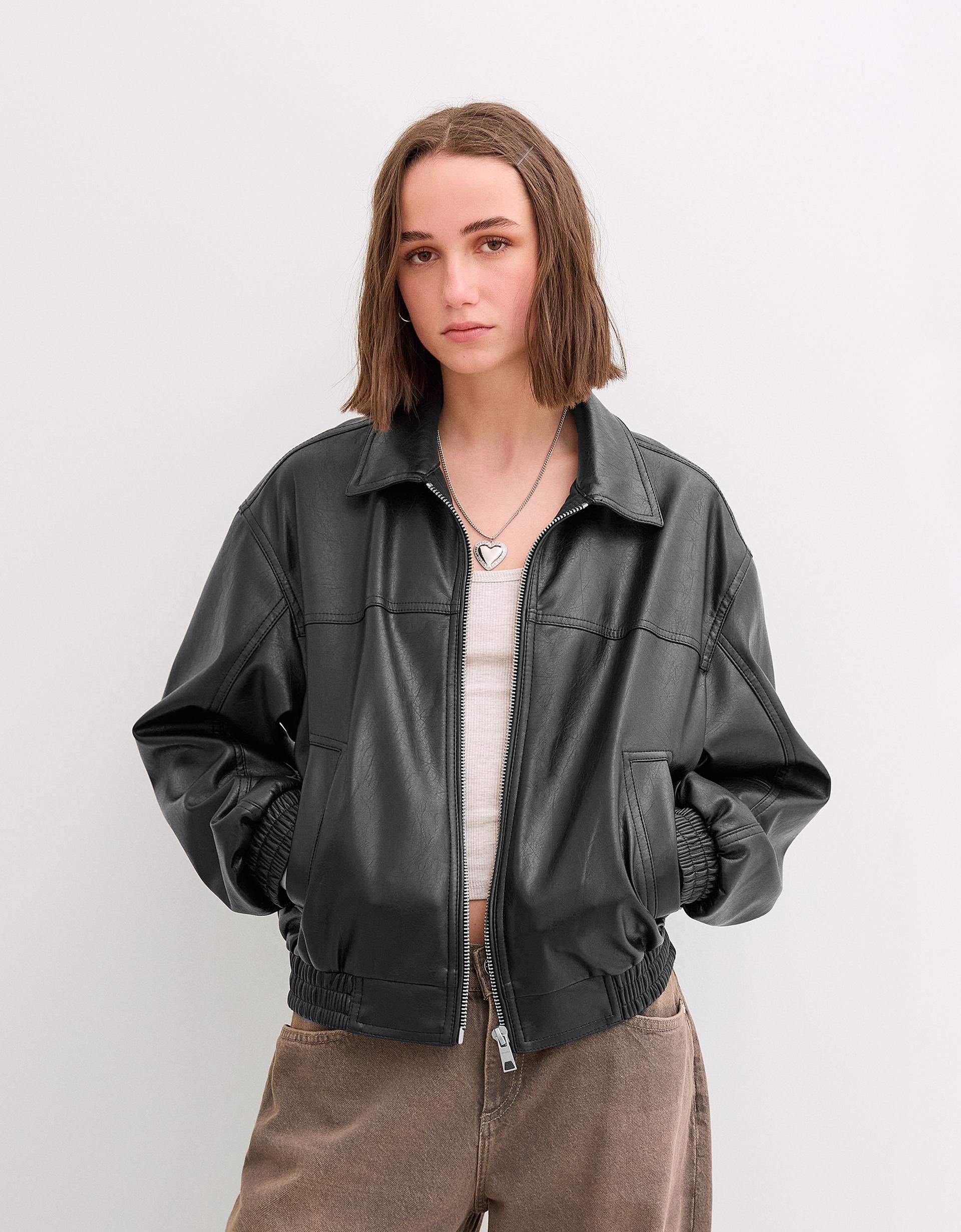 Leather Jacket Giacca Nera Bershka Bomber Nero Donna Bershka Faux