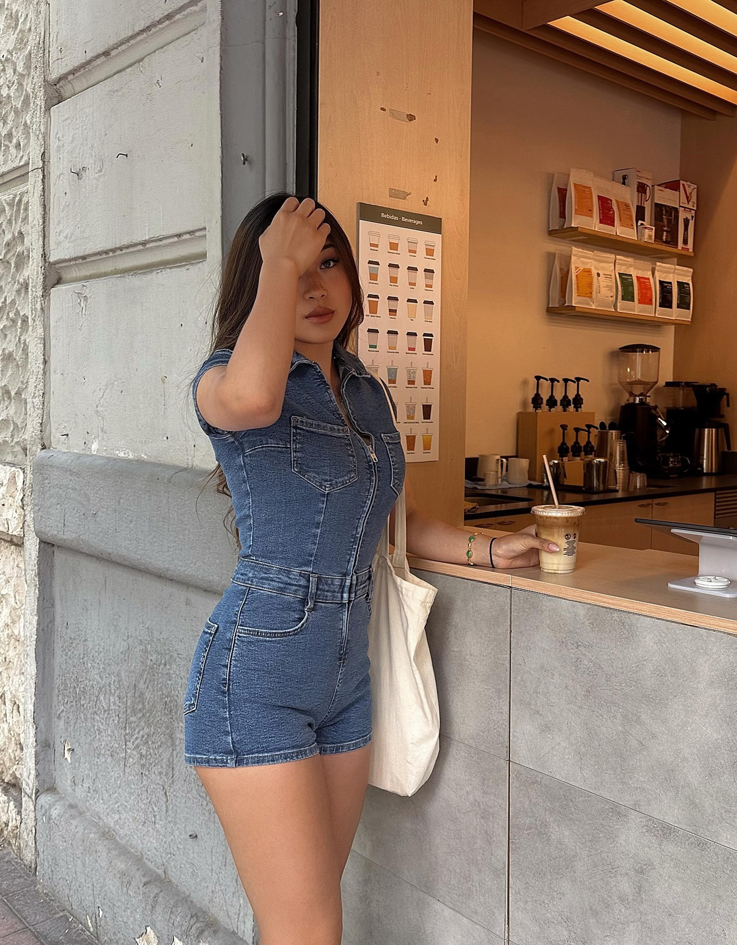 【THE MOZZ】Sherbet Shirring Denim One Piece Geometric Shirring High Neck Zip Front One Piece Swimsuit