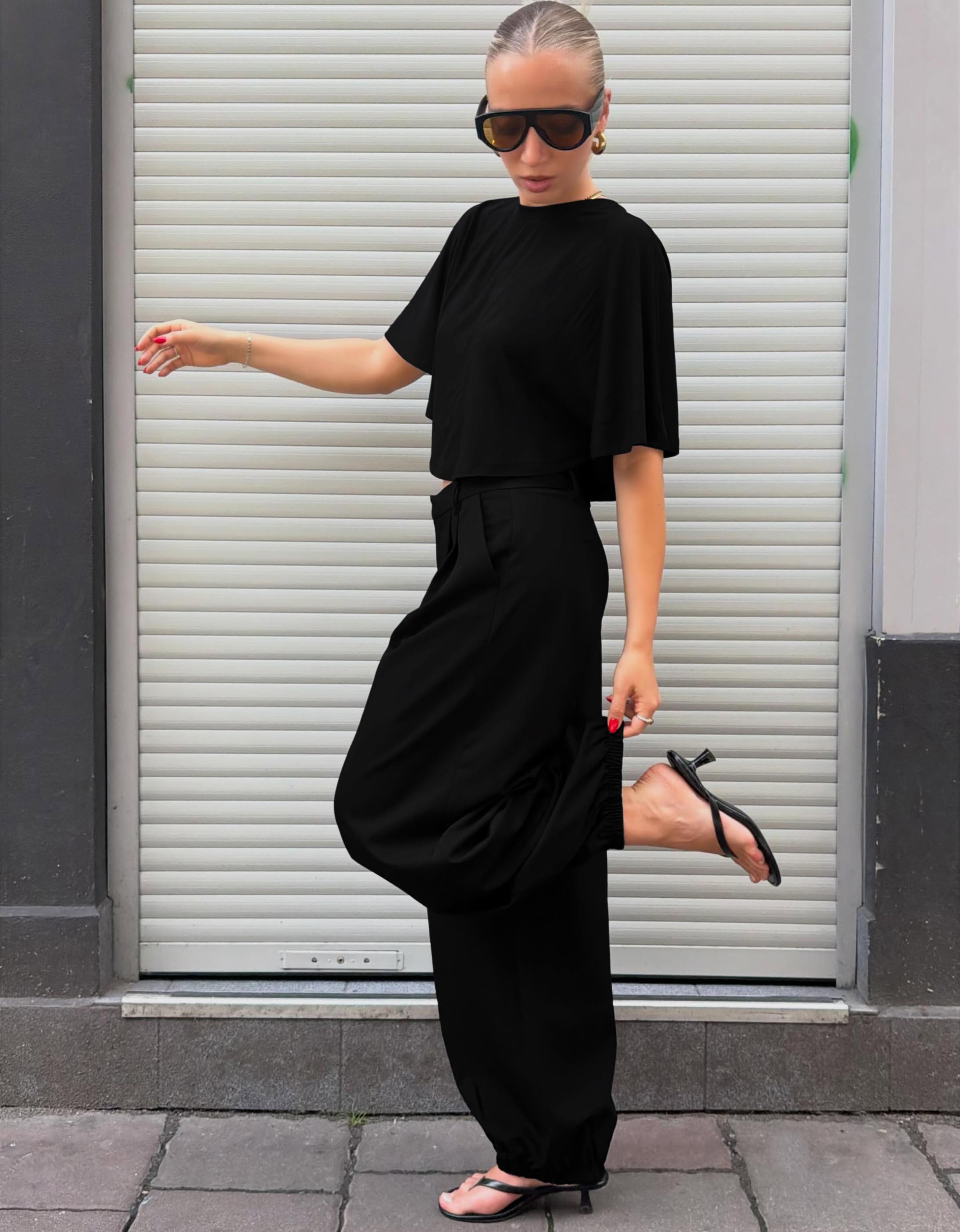 Bershka Camiseta Oversize Efecto Capa Mujer Negro