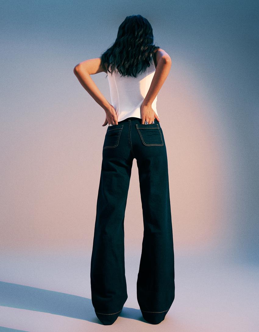 Sømløse jeans med brede ben-Marineblå-1
