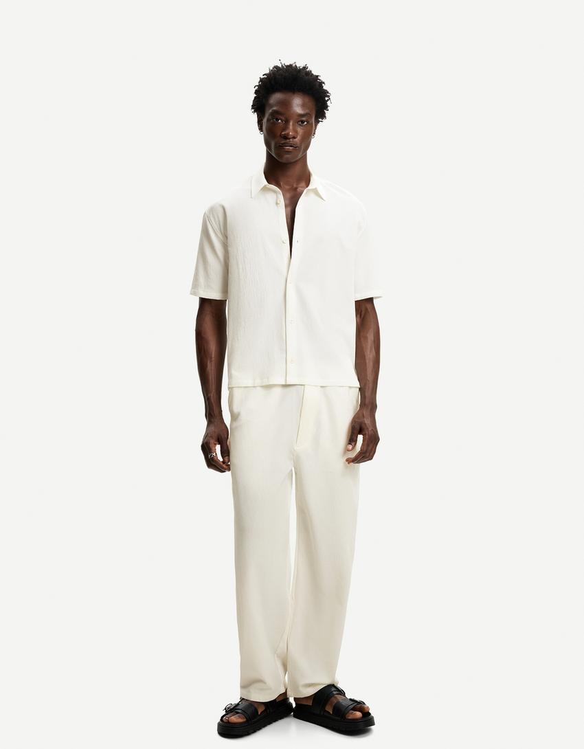 Pleated short sleeve shirt-Off white-3