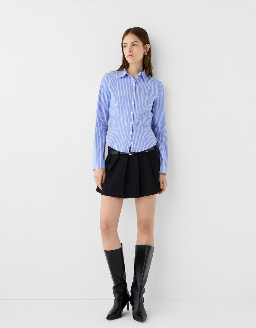 Fitted shirt with flared sleeves-Blue-3