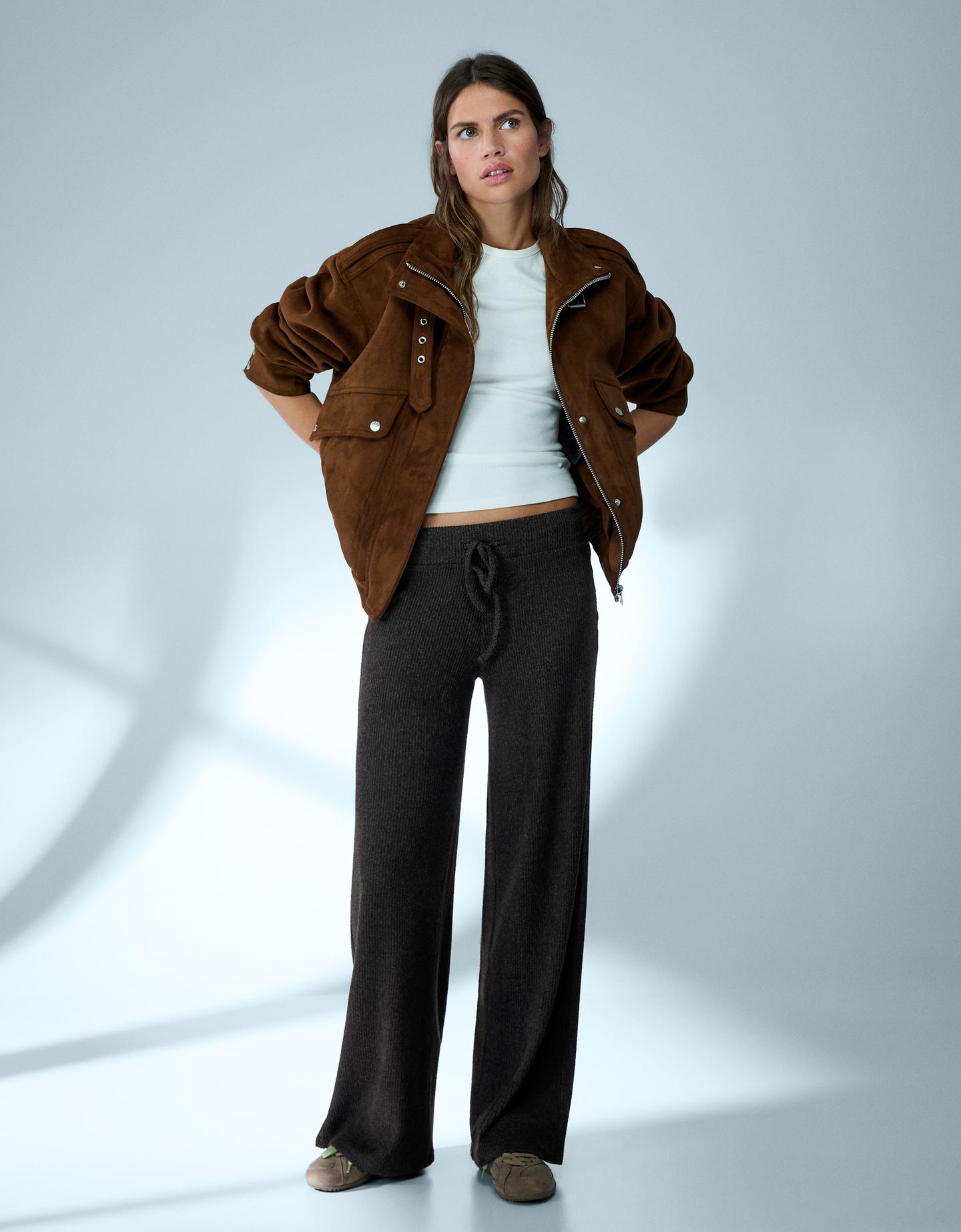 Bershka spodnie wide leg rib soft ciemnoszary