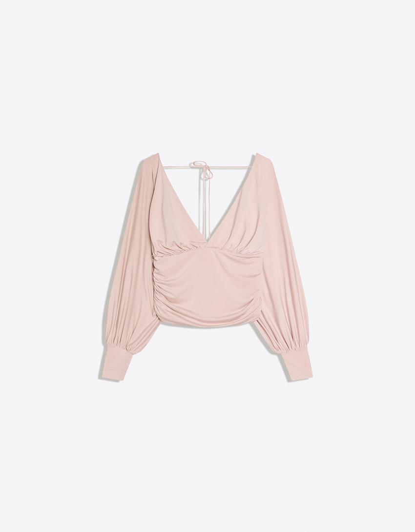 Uzun kollu büzgülü top-Gri