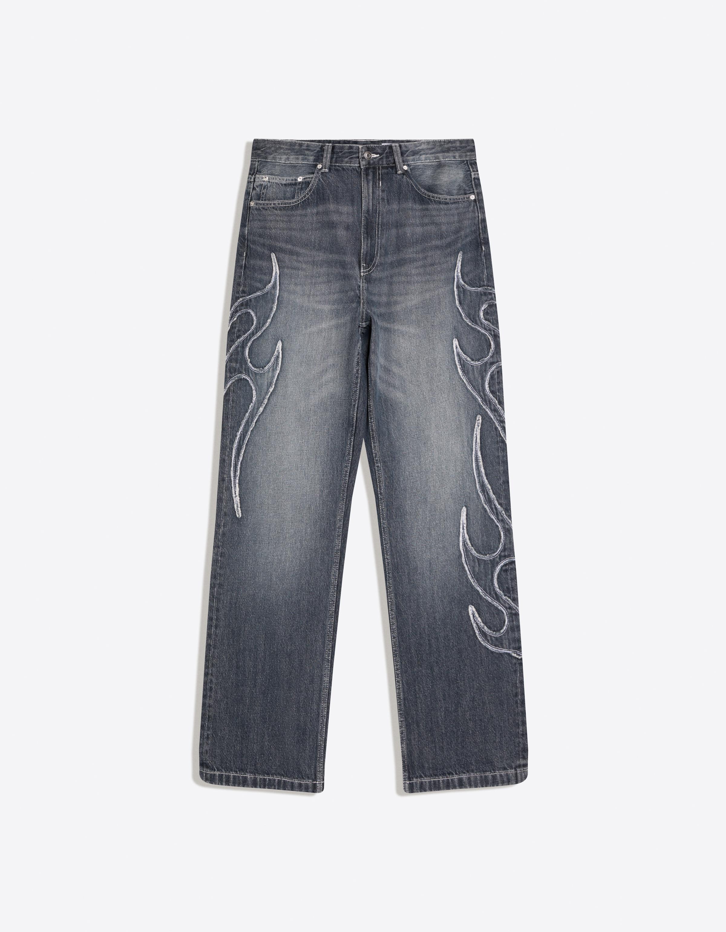 Bershka Baggy Jeans Mit Aufnähern Herren 40 Dunkelblau
