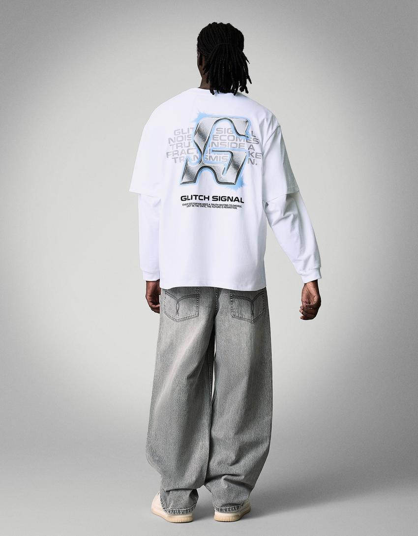 T-Shirt mit kurzen Ärmeln und Print-Grbrochenes Weiss