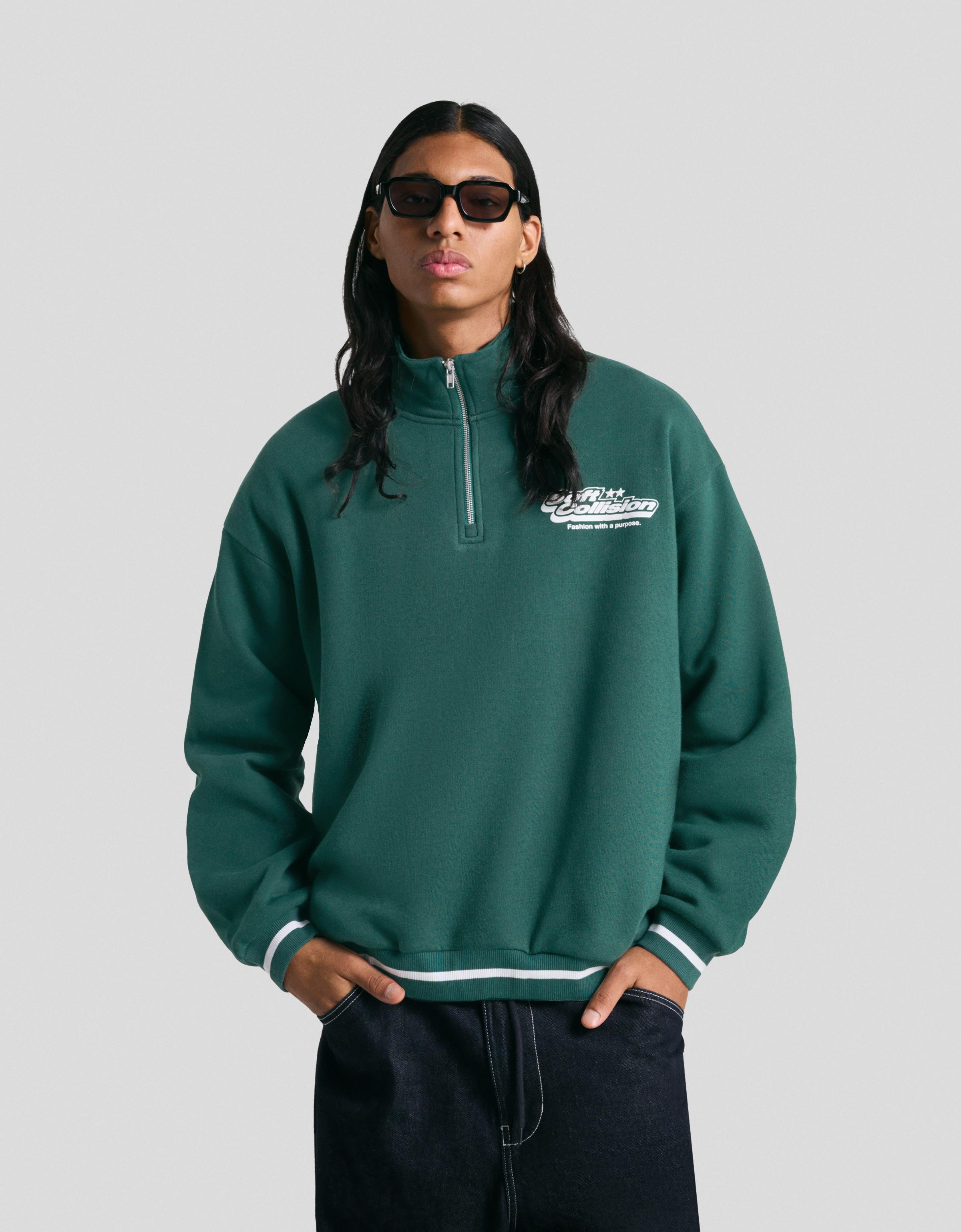 Bershka Sweatshirt Mit Reißverschluss Und Print Herren Xl Grün