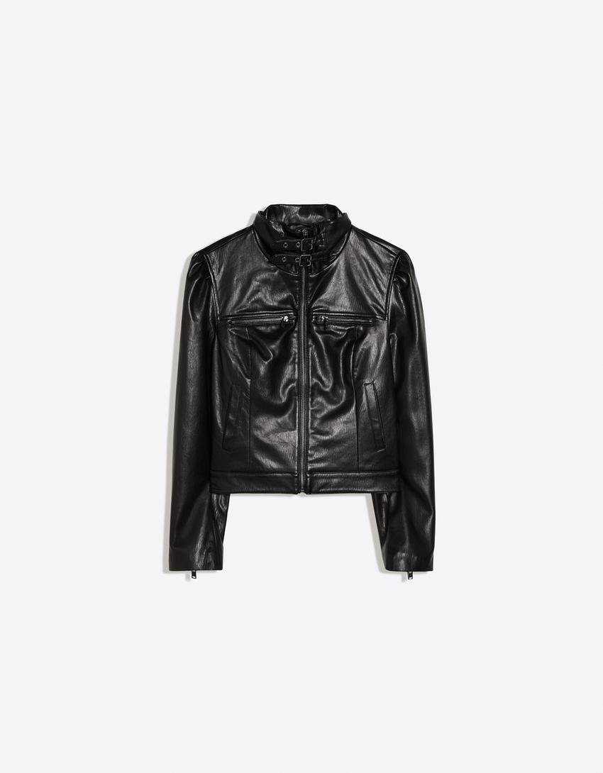 Kunstlederjacke mit Schnallen-Schwarz