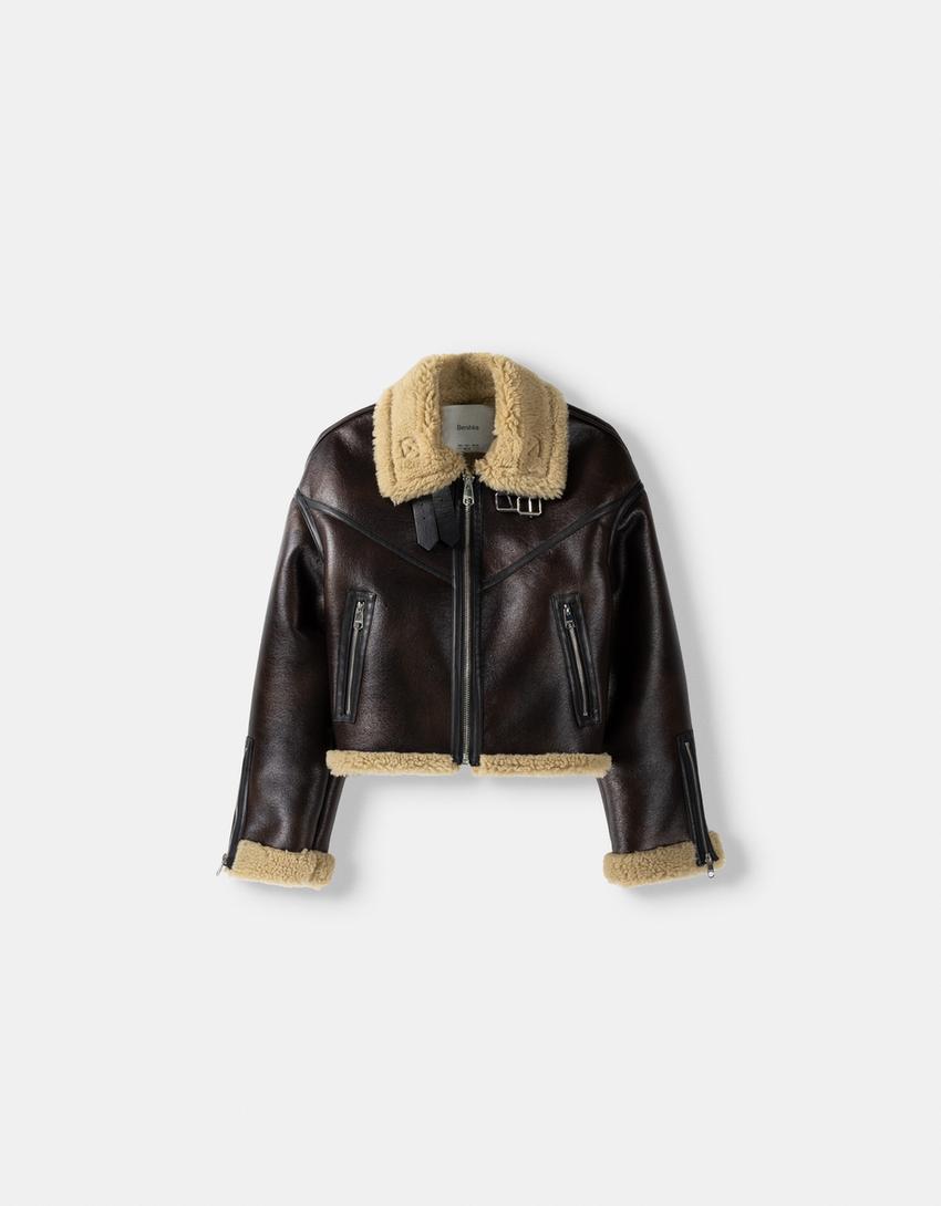 Distressed double-faced faux leather trucker jacket-Brown