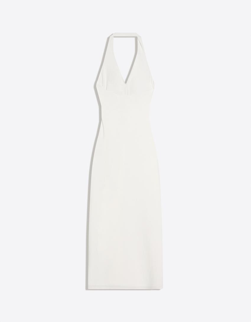 Robe midi encolure américaine-Blanc