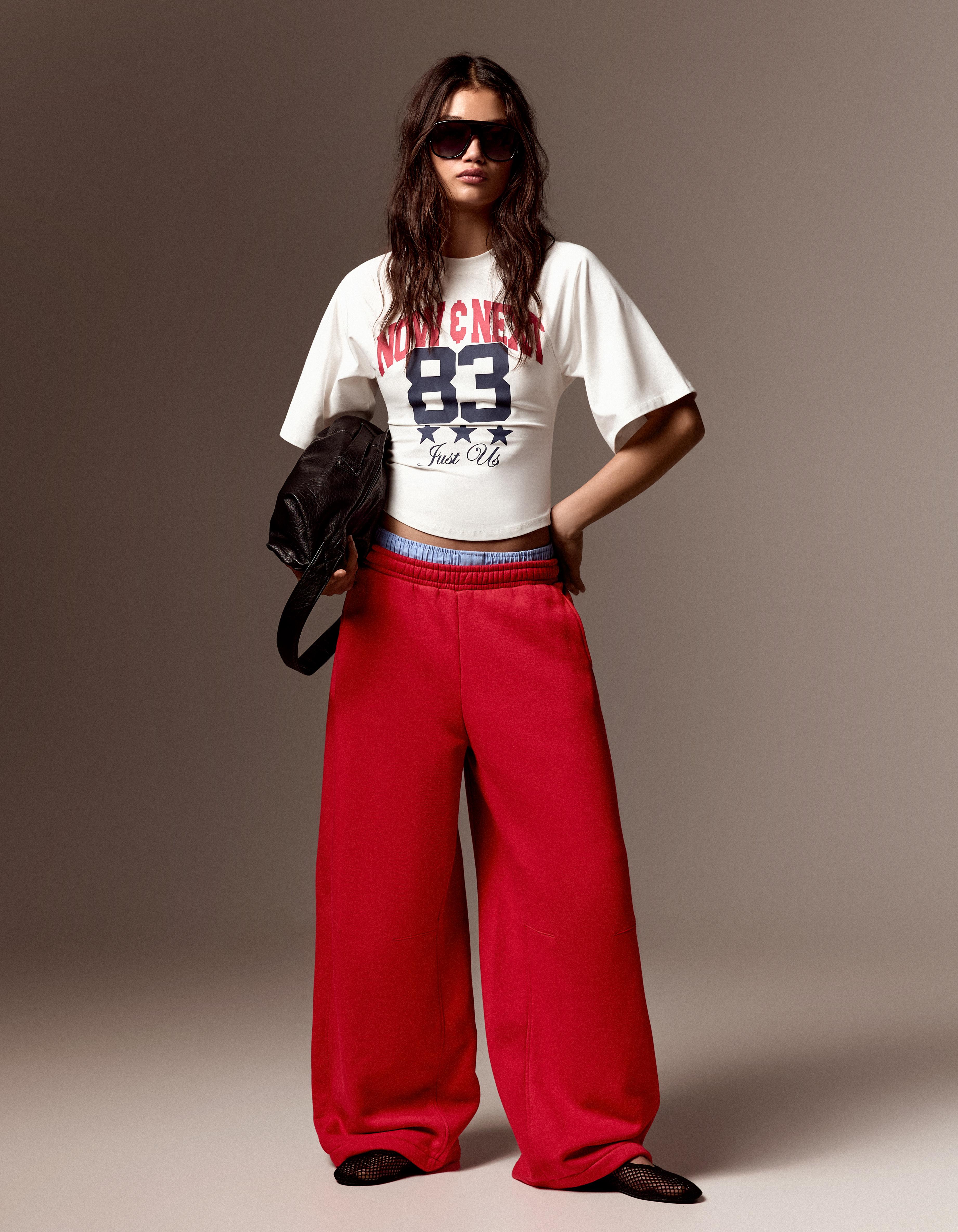 Bershka Pantalón Felpa Parachute Mujer L Rojo