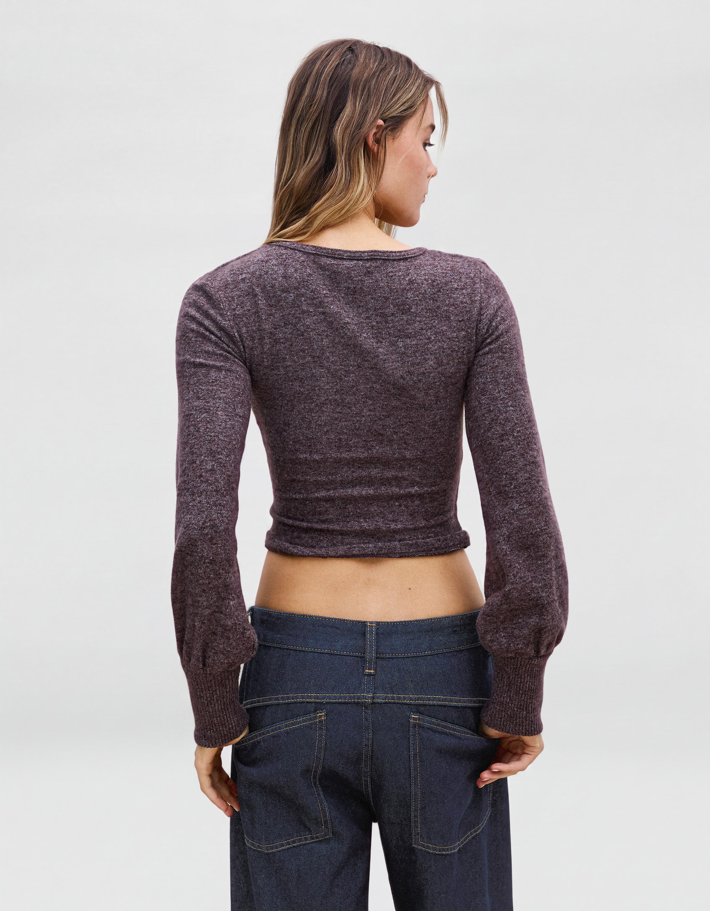 V-neck button jumper — Brown