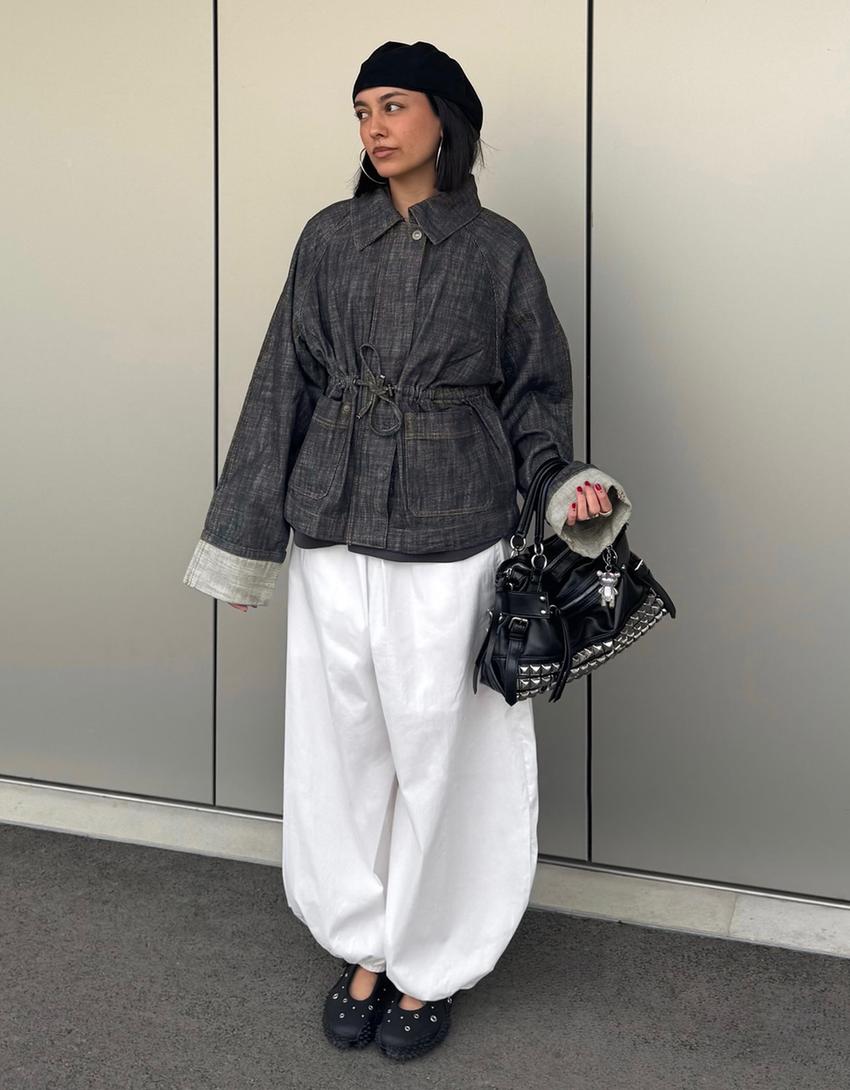 Jaket denim oversize bertekstur-Biru