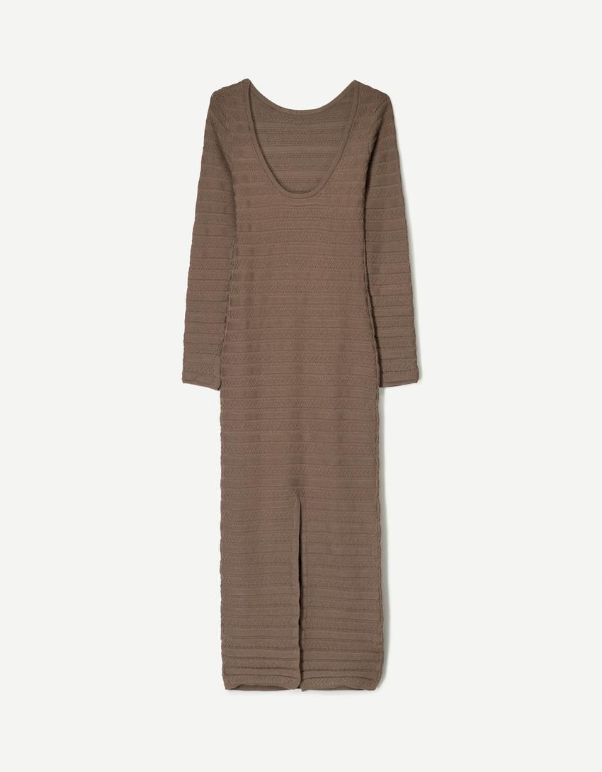 Textured midi dress-Brown