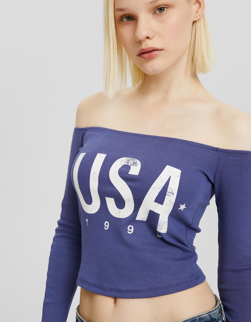 Top Bardot manches longues imprimé-Bleu-2