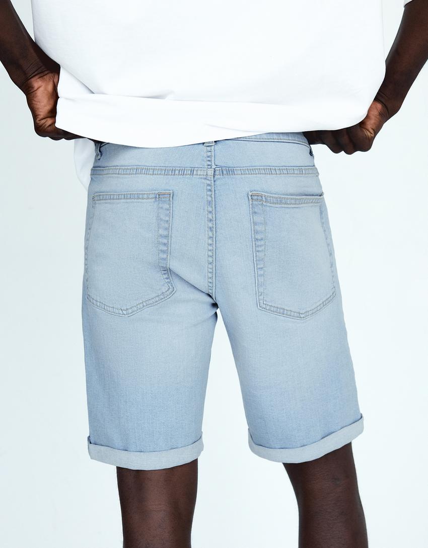 Roll-up denim Bermuda shorts-Light blue