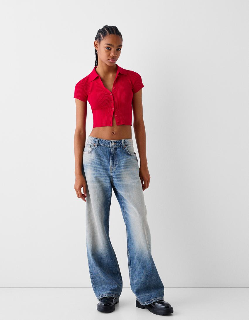 قميص بولو بأكمام قصيرة وأزرار-أحمر-3