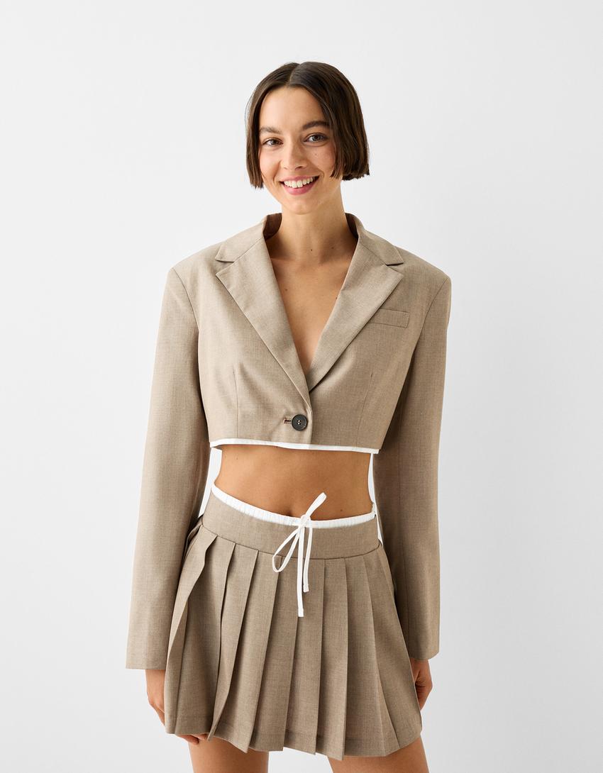 Blazer cropped détail popeline-Taupe-0