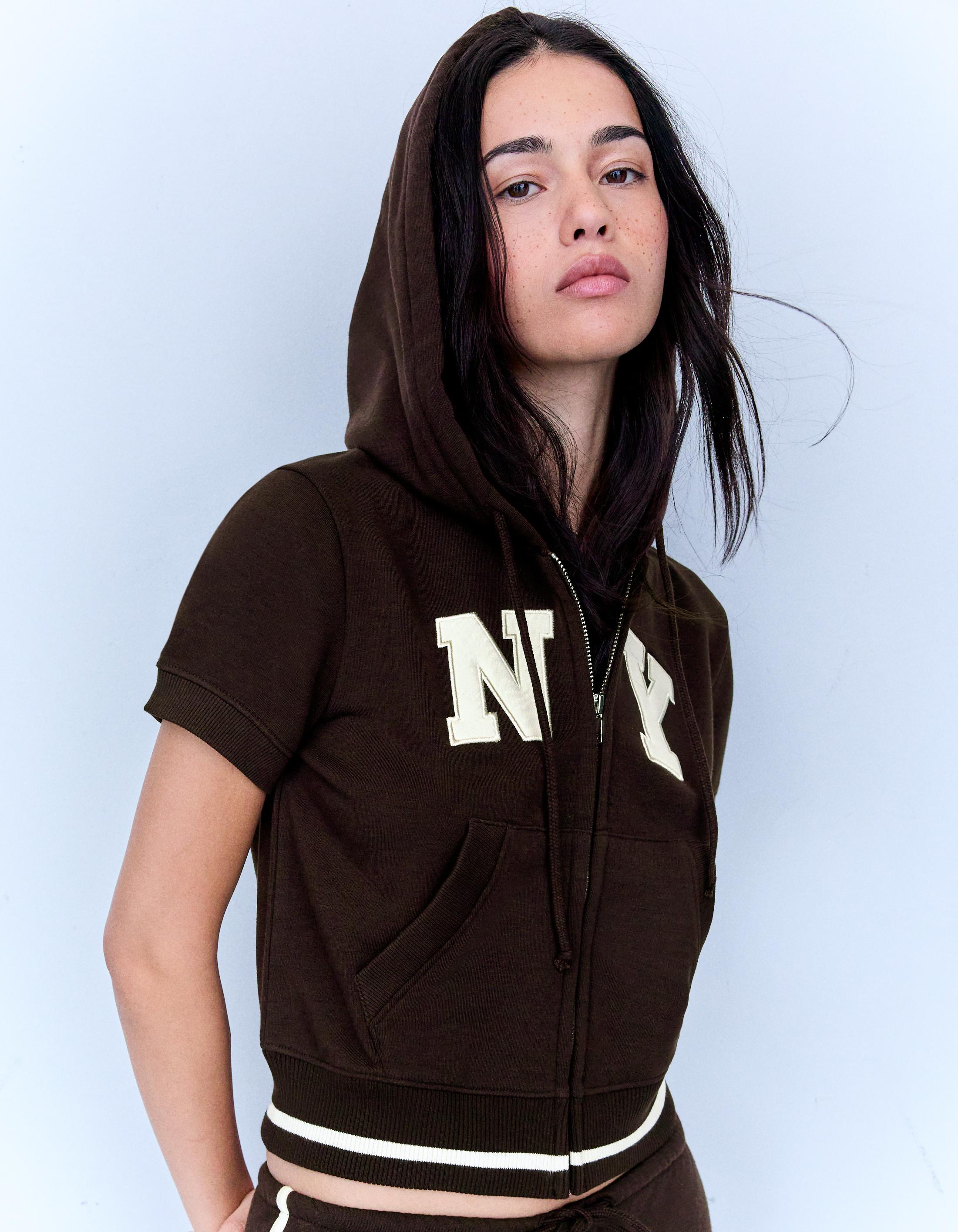 Bershka Sudadera Manga Corta Capucha Cremallera Mujer Marrón