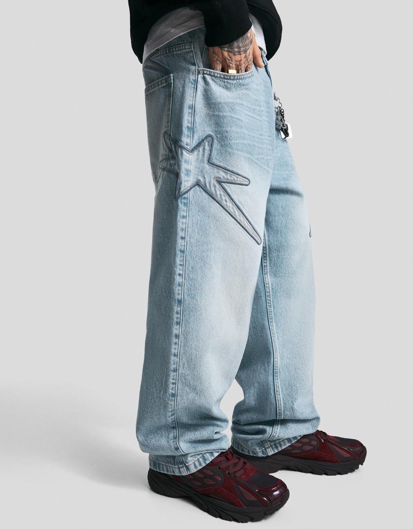 Jean baggy brodé-Bleu lavé-2