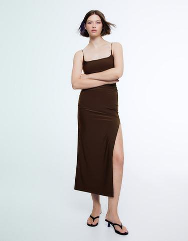 dkny brown velvet dress Brown One Shoulder Draped Velvet Gown With Chain Accent