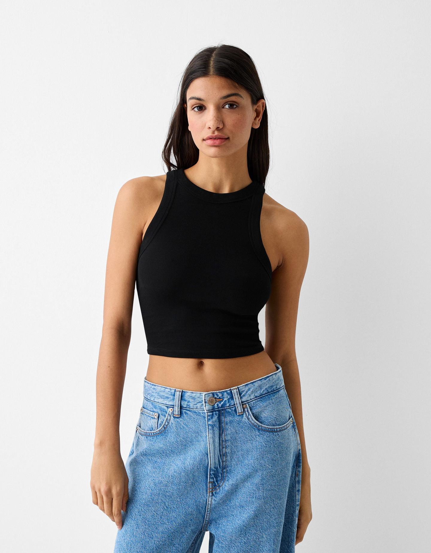 Bershka Ärmelloses Shirt Mit Patentmuster Damen Xs Schwarz