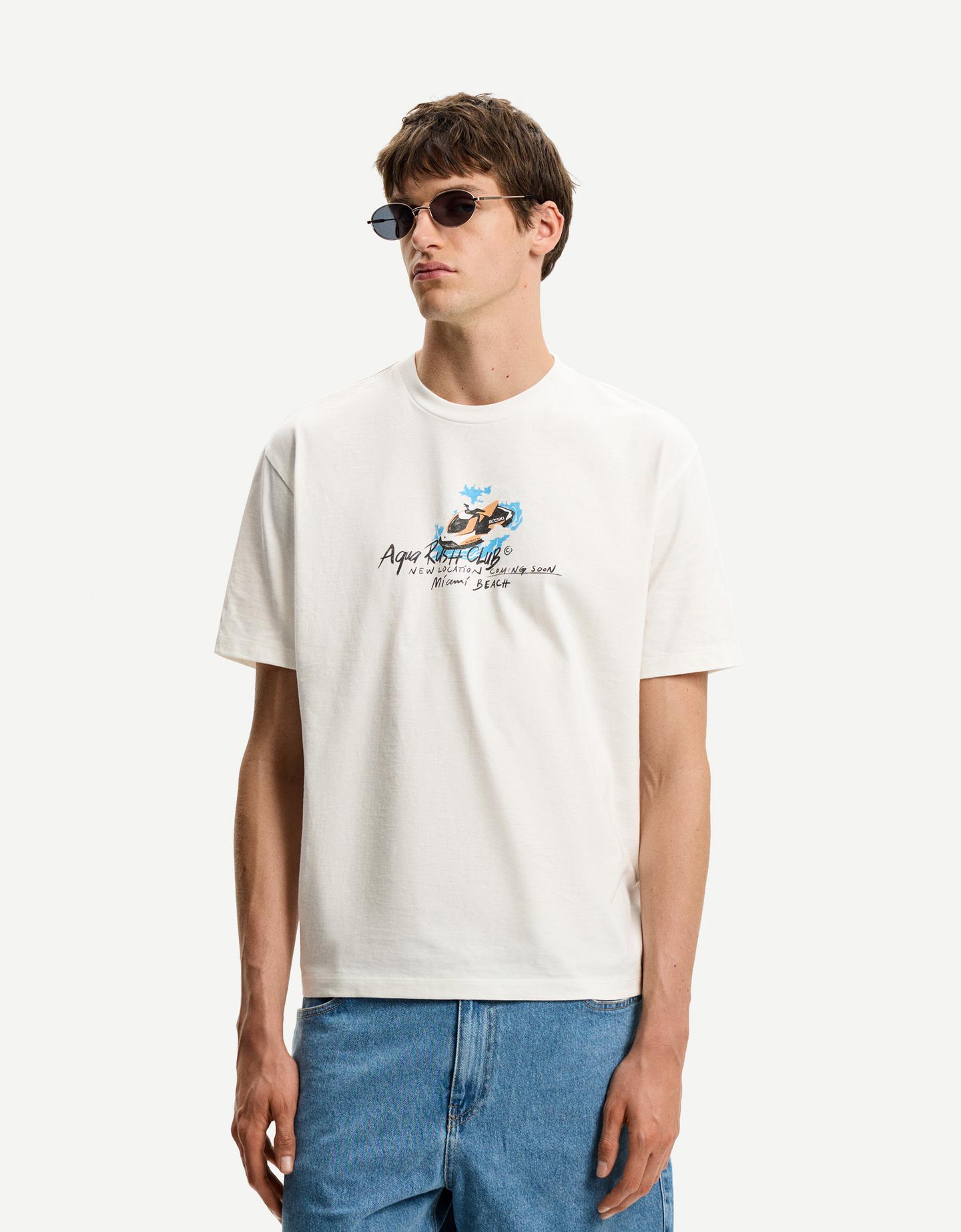 Bershka T-Shirt Manches Courtes Imprimé Homme L Blanc Cassé