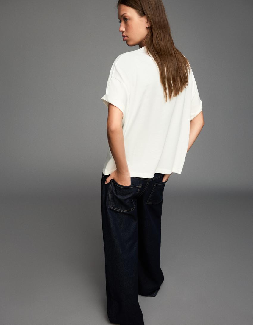 Oversized T-shirt met print en korte mouw-Gebroken Wit