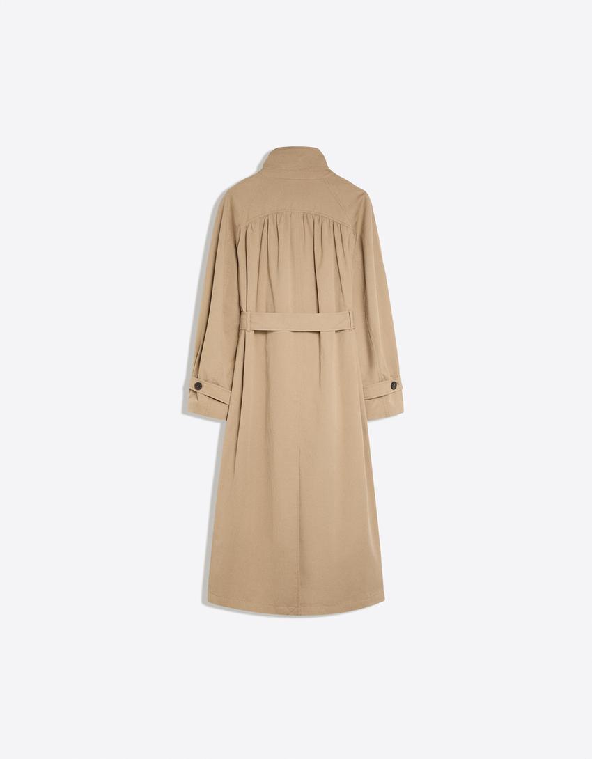 Long gathered trench coat with belt-Sand