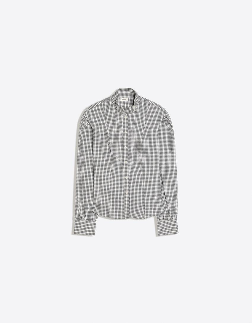 Camisa manga larga cuello funnel cuadros-Crudo