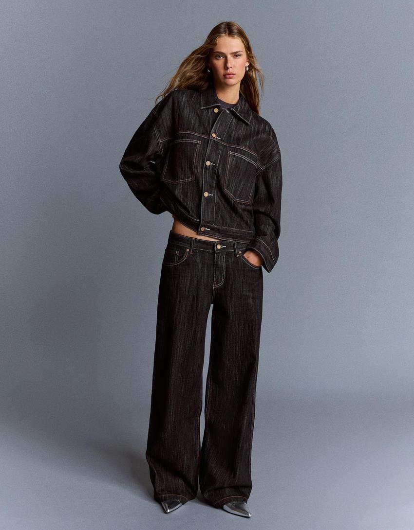 Jeans jakna iz žakarja z žepi-Črna