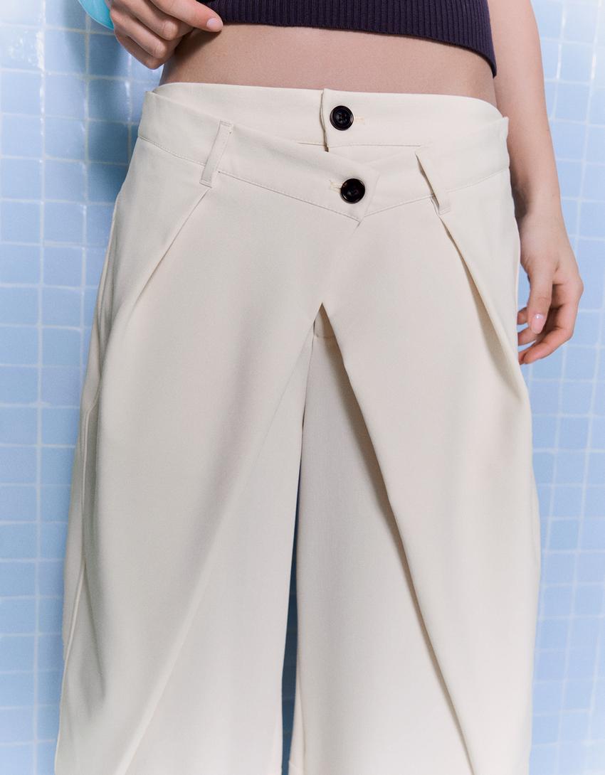 Pantalon à plis double bouton-Écru