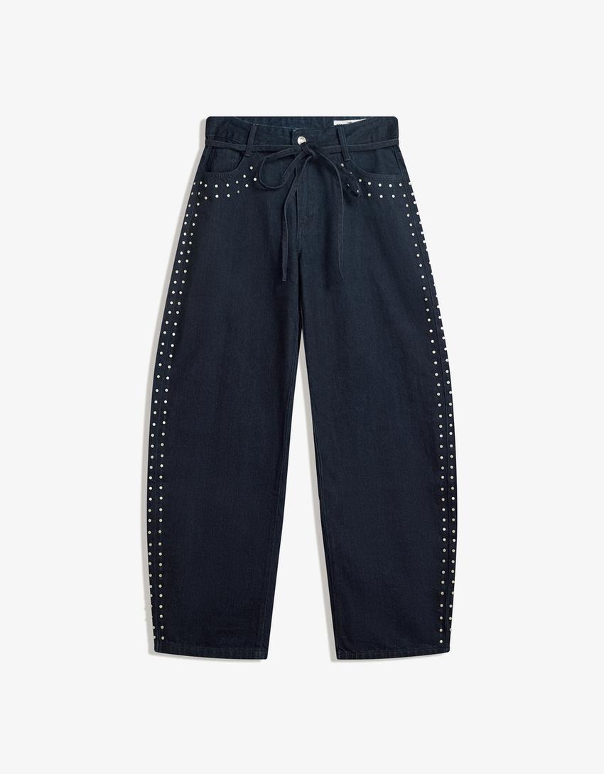 Baggy barrel jeans with studs-Navy-5
