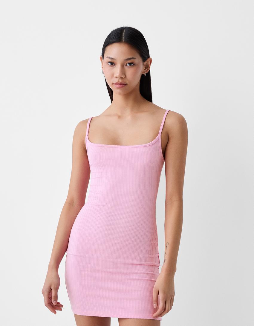 Mini-robe bretelles côtelée-Rose-1