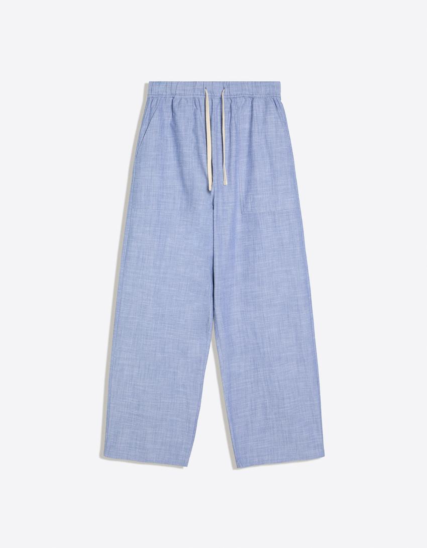 Embroidered flowing baggy pants-Blue
