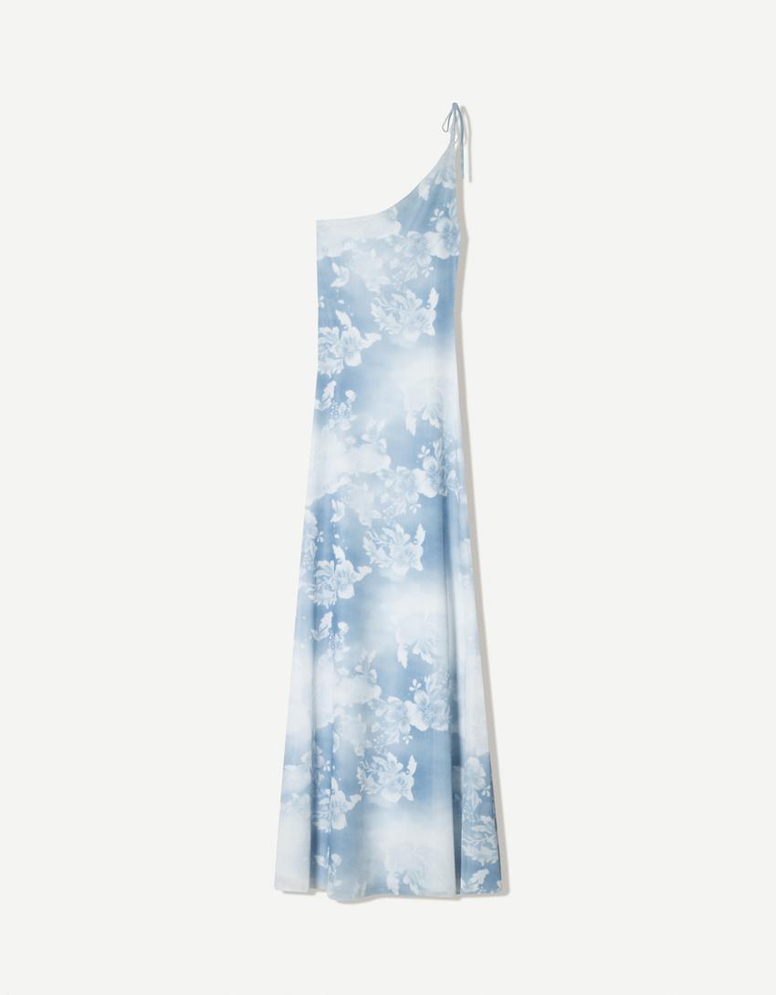 Robe maxi tulle asymétrique imprimée-Bleu